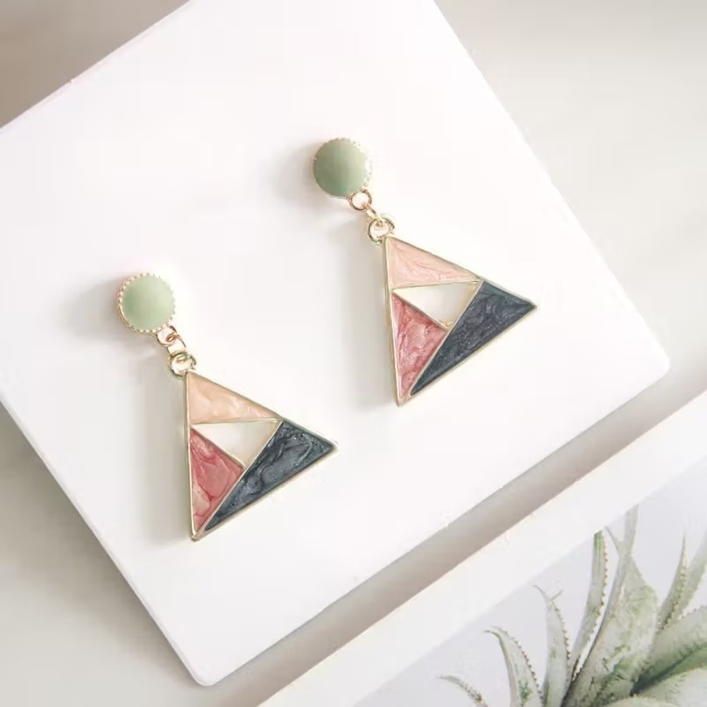 Vintage Inspired Geometric Triangle Enamel Drop Earrings Gold Tone Multicolor